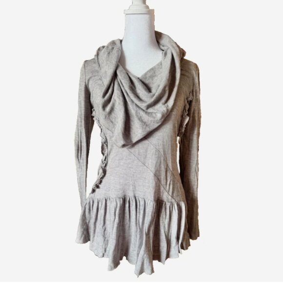 Mystree Gray Cowl Neck Sweater Women’s Size Small Ruffle Peplum Hem Knit Top - Picture 1 of 7
